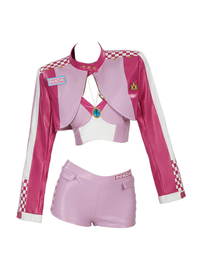 Women's Costume Peach Cosplay Casual Outfit Pink Racing Suit Short Top and Jacket with Shorts Necklace (S) Main Image