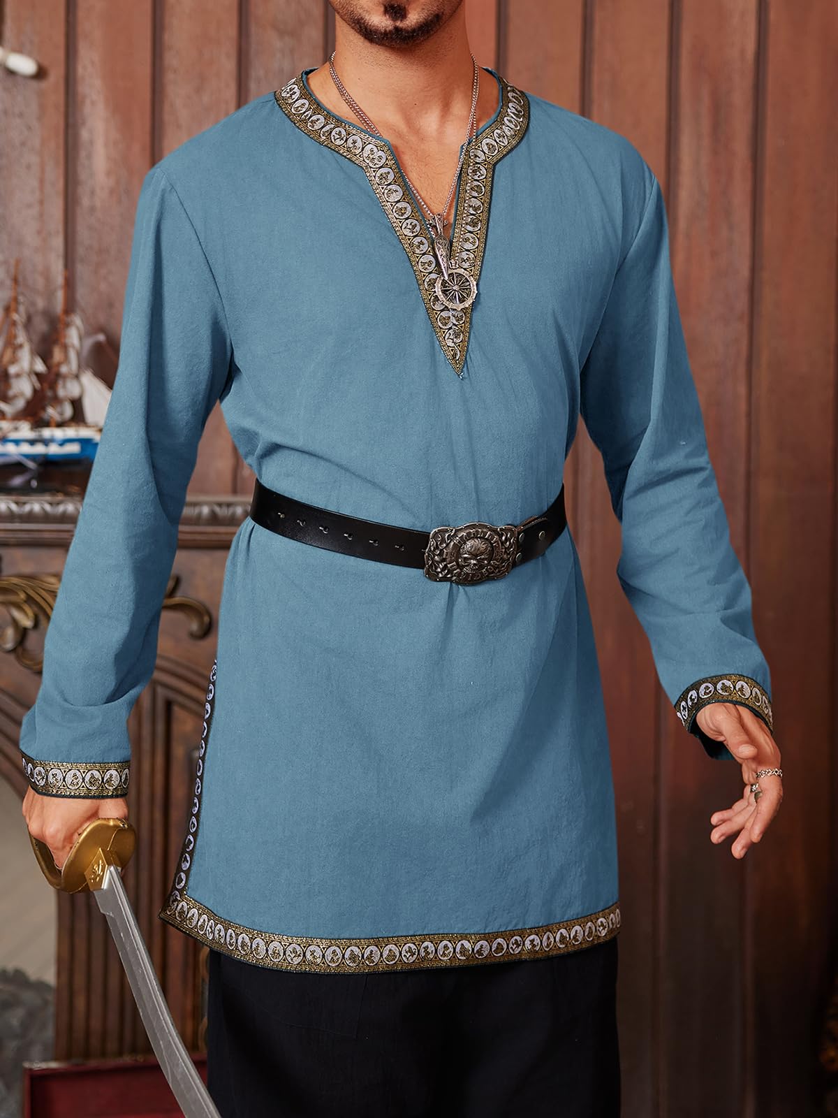 Gafeng Mens Medieval Costume Renaissance Pirate Halloween Viking Tunic Knight Cosplay Warrior LARP Shirts