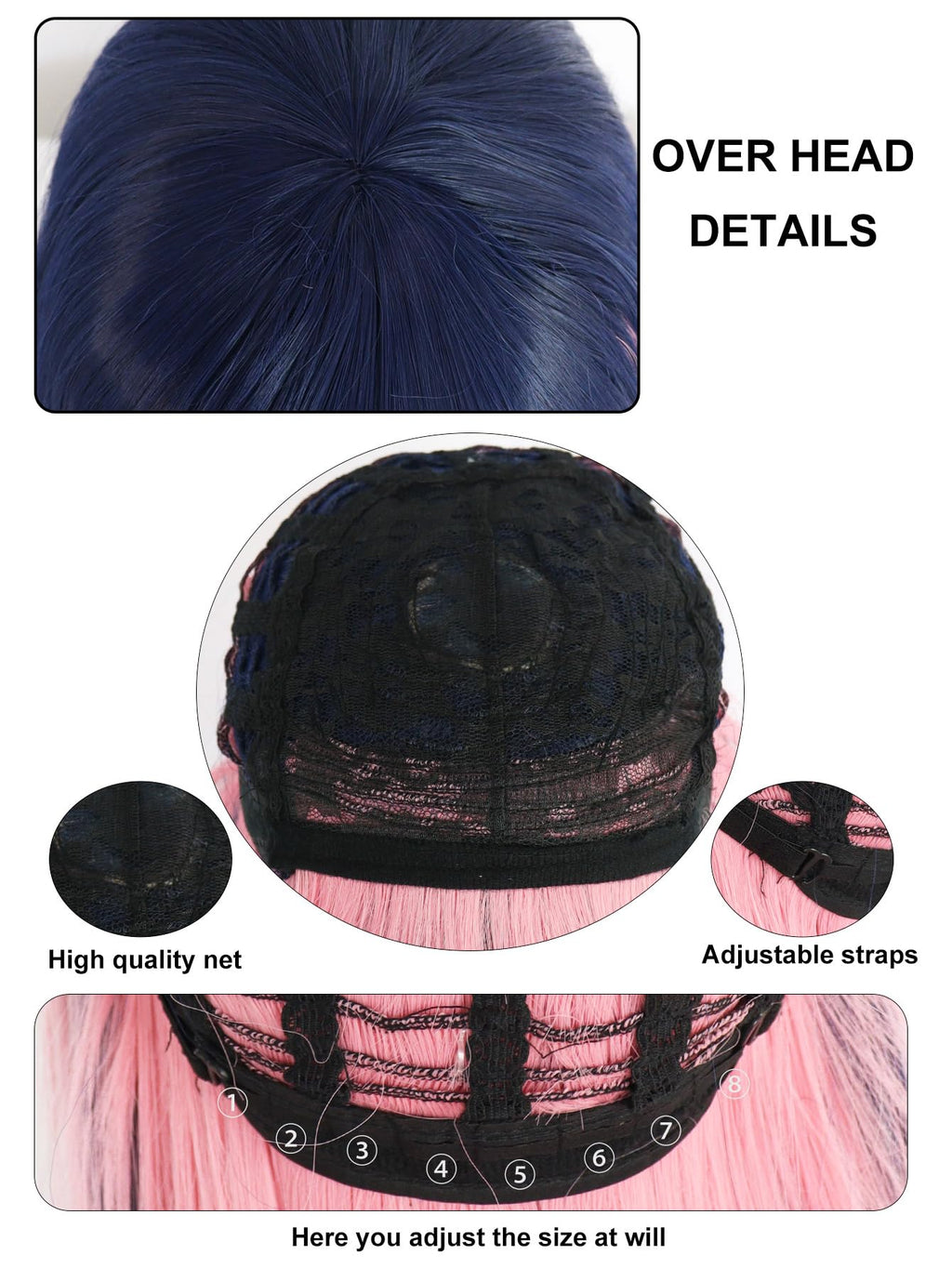 ANOGOL Hair Cap+ Blue Mix Pink Wig 105cm Long Straight Stocking Wigs for Girl with Bangs Costume for Women Synthetic Hair Wigs for Stocking Cosplay Halloween Wig Anime Party