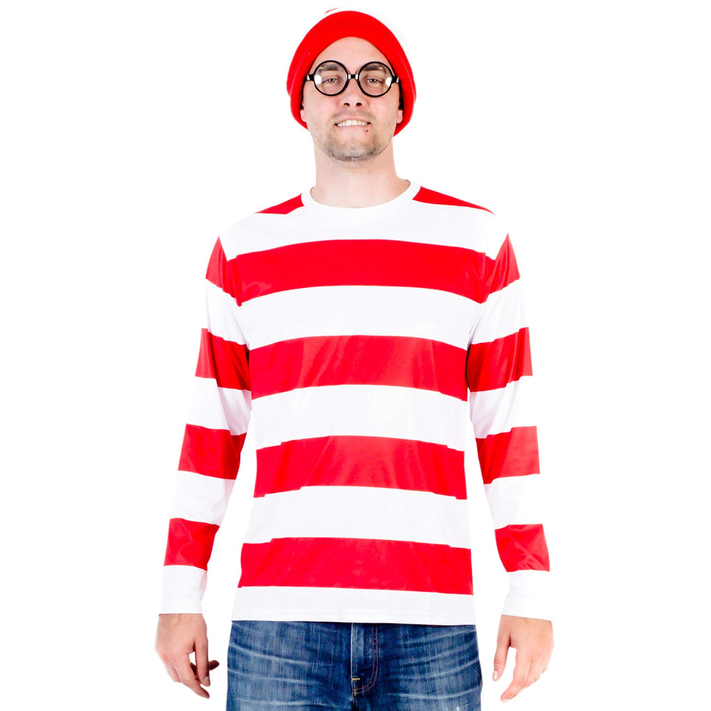 Where's Waldo Longe Sleeve Shirt, Glasses, and Hat DELUXE Cosplay Halloween Costume Set