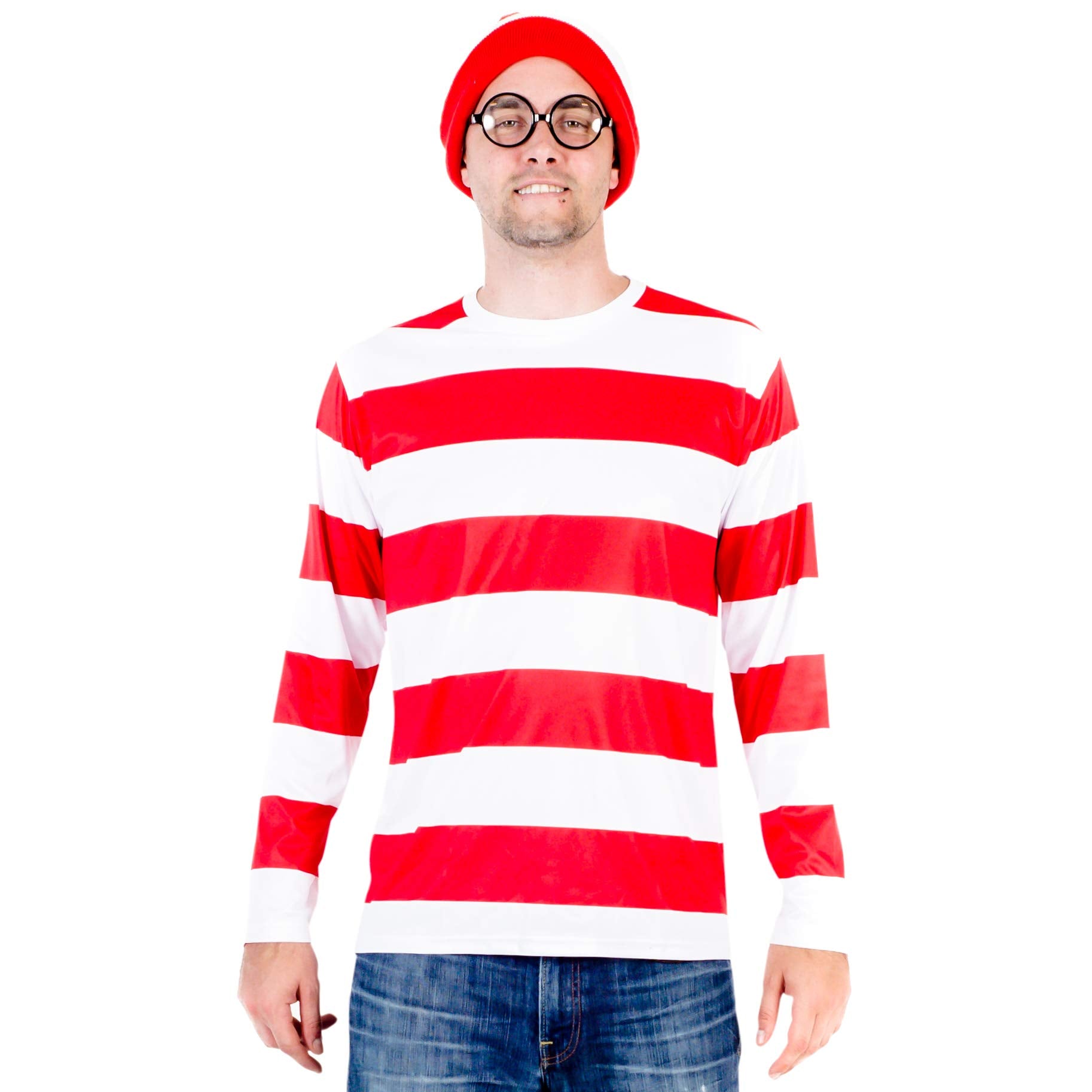 Where's Waldo Longe Sleeve Shirt, Glasses, and Hat DELUXE Cosplay Halloween Costume Set