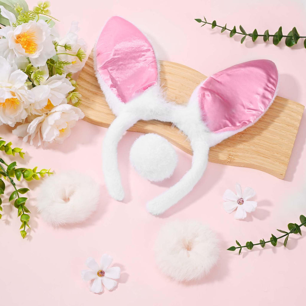 GANSHAYA 4 Pcs Halloween Bunny Girl Accessories Bunny Headband Tail White Bracelets Rabbit Costume for Women Halloween Cosplay Party Dress Up