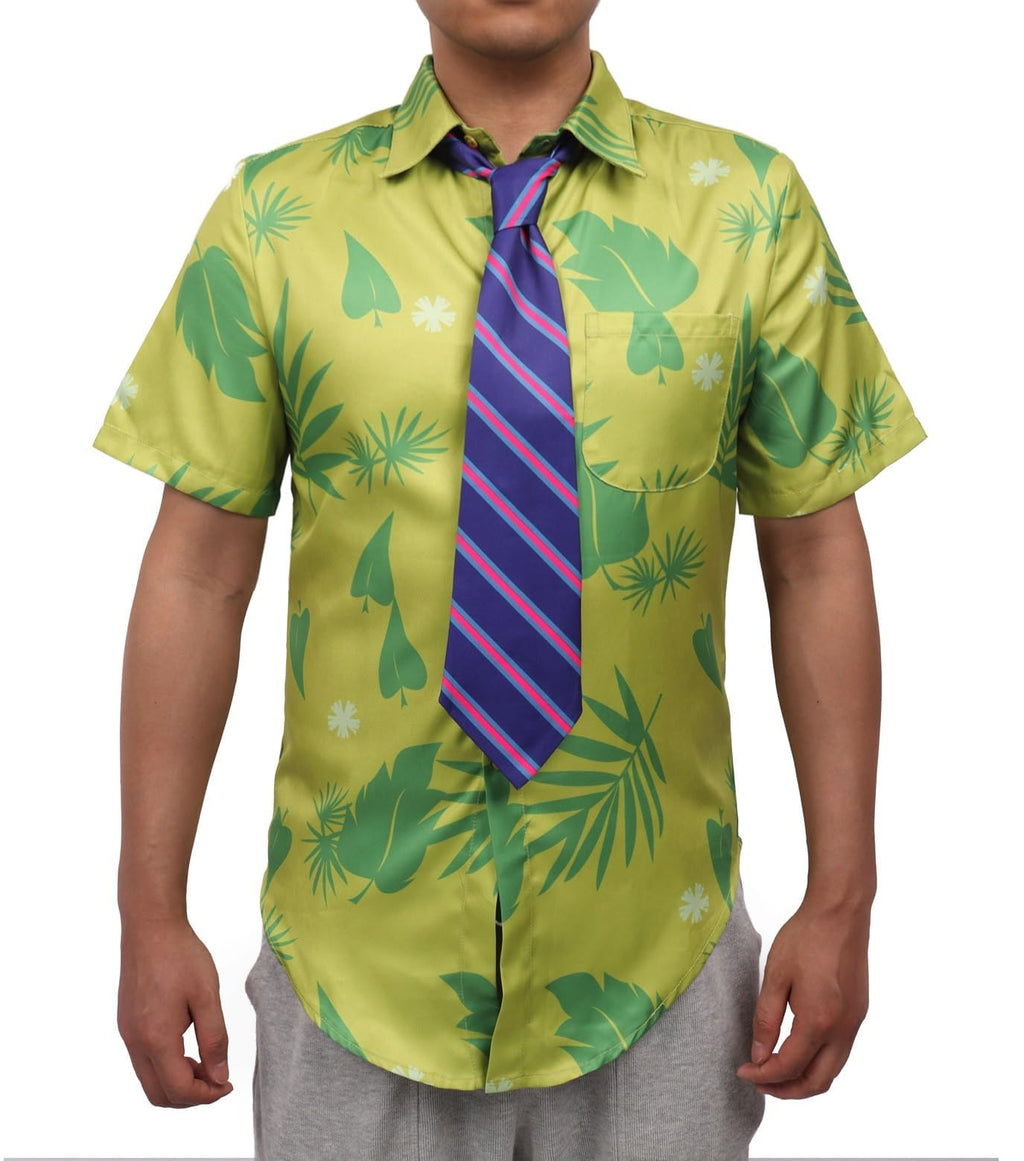 DAZCOS US Size Green Printed T-Shirt Purple Tie for Mens Hawaiian Floral Shirts Cosplay or Casual Holiday Beach Shirts