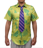 DAZCOS US Size Green Printed T-Shirt Purple Tie for Mens Hawaiian Floral Shirts Cosplay or Casual Holiday Beach Shirts