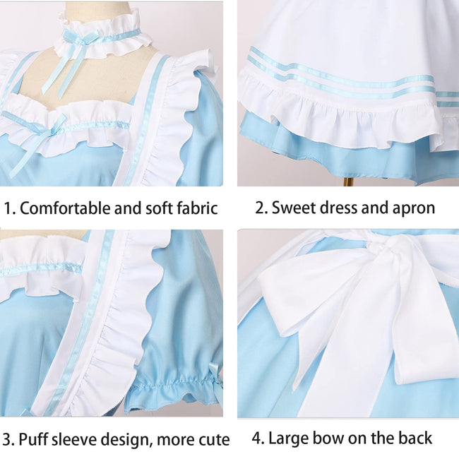 LISANEK Maid Outfit Anime Cosplay Lolita Dress French Maid Costume Plush cat ear Socks set (Blue, XL) Main Image