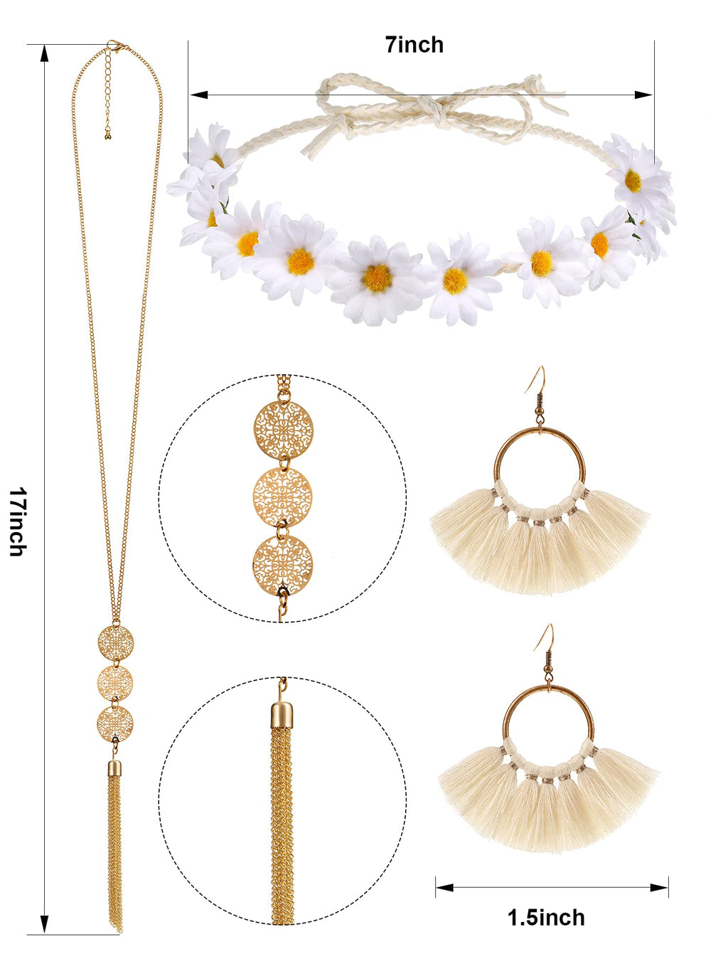 WILLBOND 4 Pcs Halloween 60s 70s Outfits for Women Hippie Costume 70s Costume Tops Accessories Women Fringe Hippie Vest(X-Large,Black)