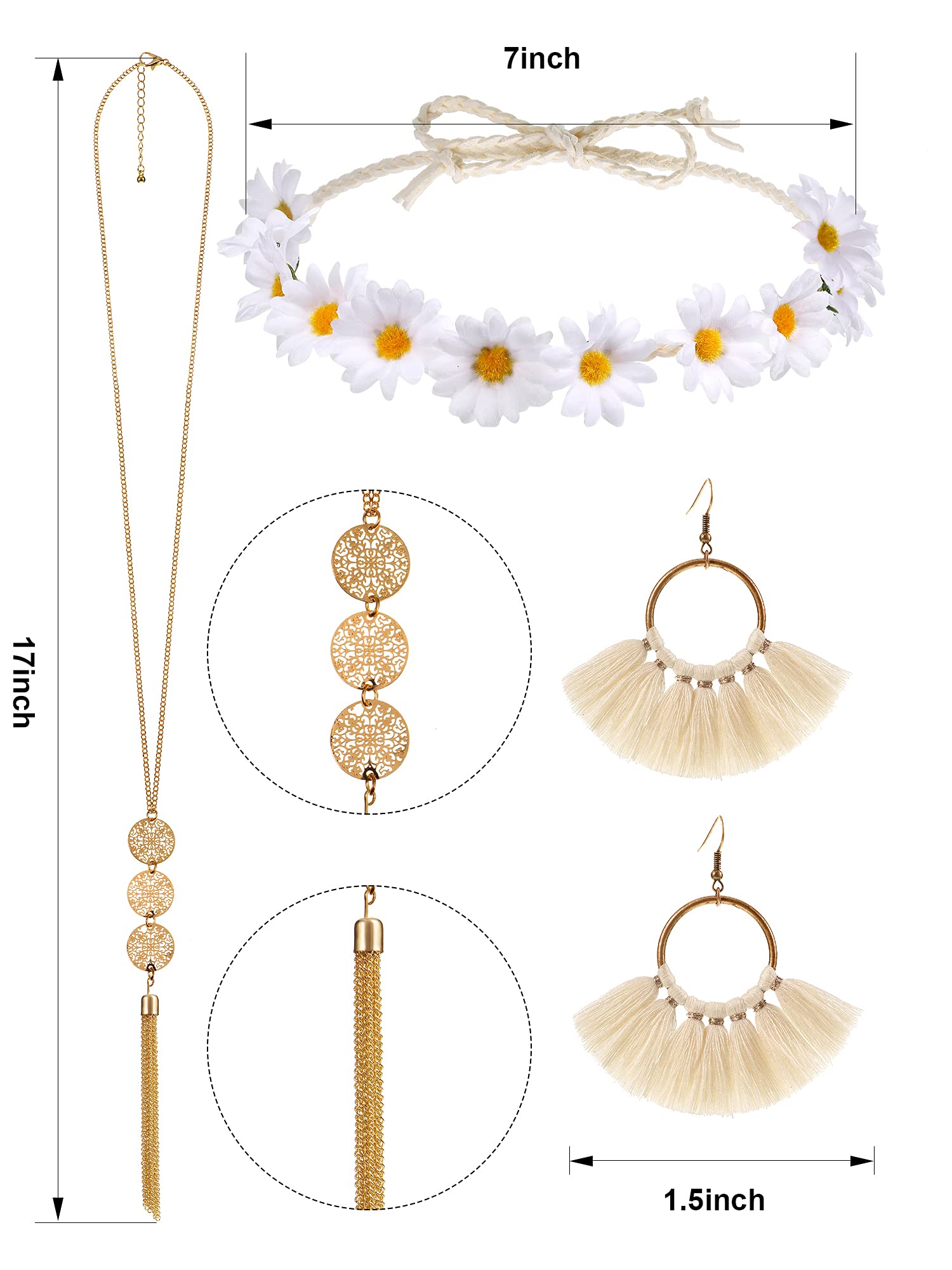 WILLBOND 4 Pcs Halloween 60s 70s Outfits for Women Hippie Costume 70s Costume Tops Accessories Women Fringe Hippie Vest(X-Large,Black)