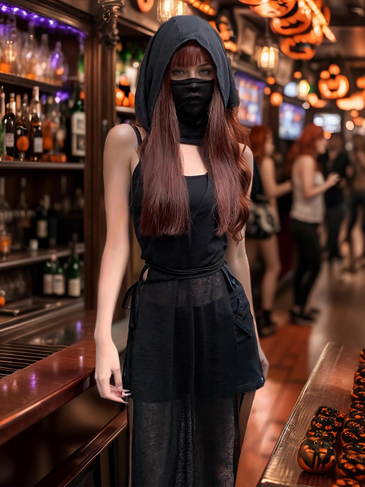 Mingnos Women Goth Rave Dress Sexy Cosplay Costume Cutout High Slit Sheer Festival Outfits Night Out Dresses Black L