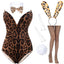 Anime Womens Bunny Girl Costume One Piece Bodysuit Halloween Cosplay Catsuit Bunny Headband Stockings Set(Leopard L)