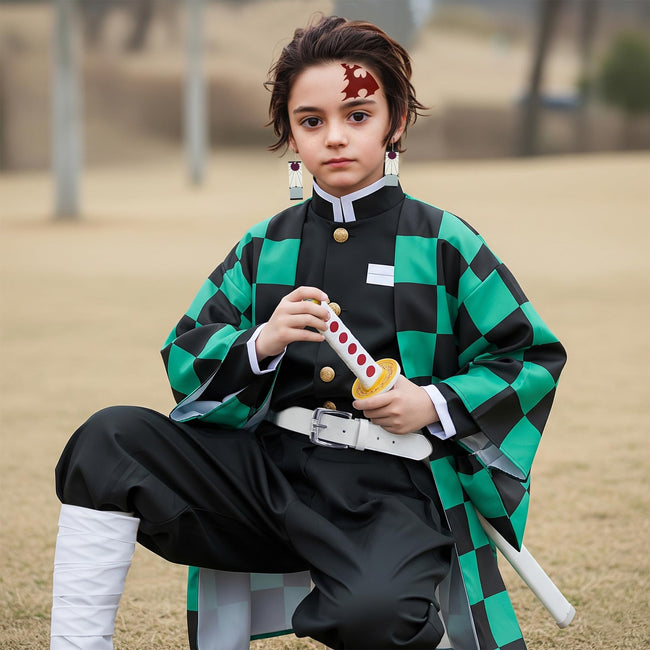 Mscawow Kids Anime Costume Kamado Tanjir Cosplay Kimono Set Halloween Costume with Green Cloak & Belt for Boys Main Image
