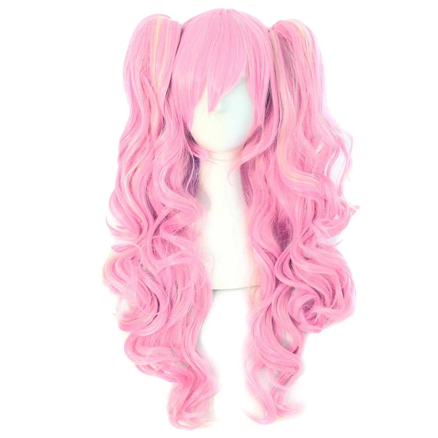 MapofBeauty Multi-color Lolita Long Curly Clip on synthetic Ponytails Cosplay Wig (Pink/Blonde)