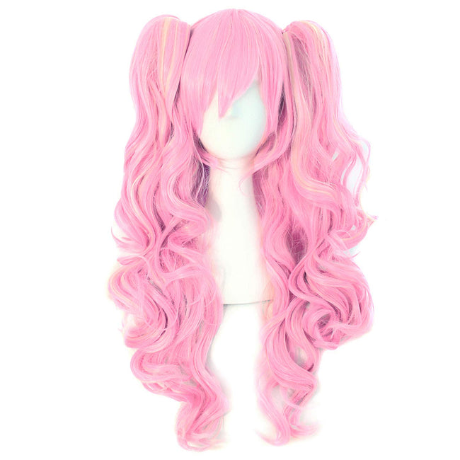MapofBeauty Multi-color Lolita Long Curly Clip on synthetic Ponytails Cosplay Wig (Pink/Blonde) Hover Image