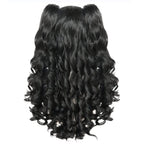 ANOGOL Hair Cap+ Black Cosplay Wig With Clip-on Ponytails Long Curly Wigs with Bangs for Halloween Costume Party Girls Women 2 Curly Pigtails Black Lolita Cosplay Wigs