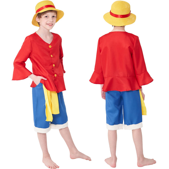 XUAURDT Kids Pirate Costume Red Suits Top Pants Boys Pirate Outfits Halloween Anime Props Straw Hat Dress Up Shirt Shorts Costume (Red, Tag 130) Main Image