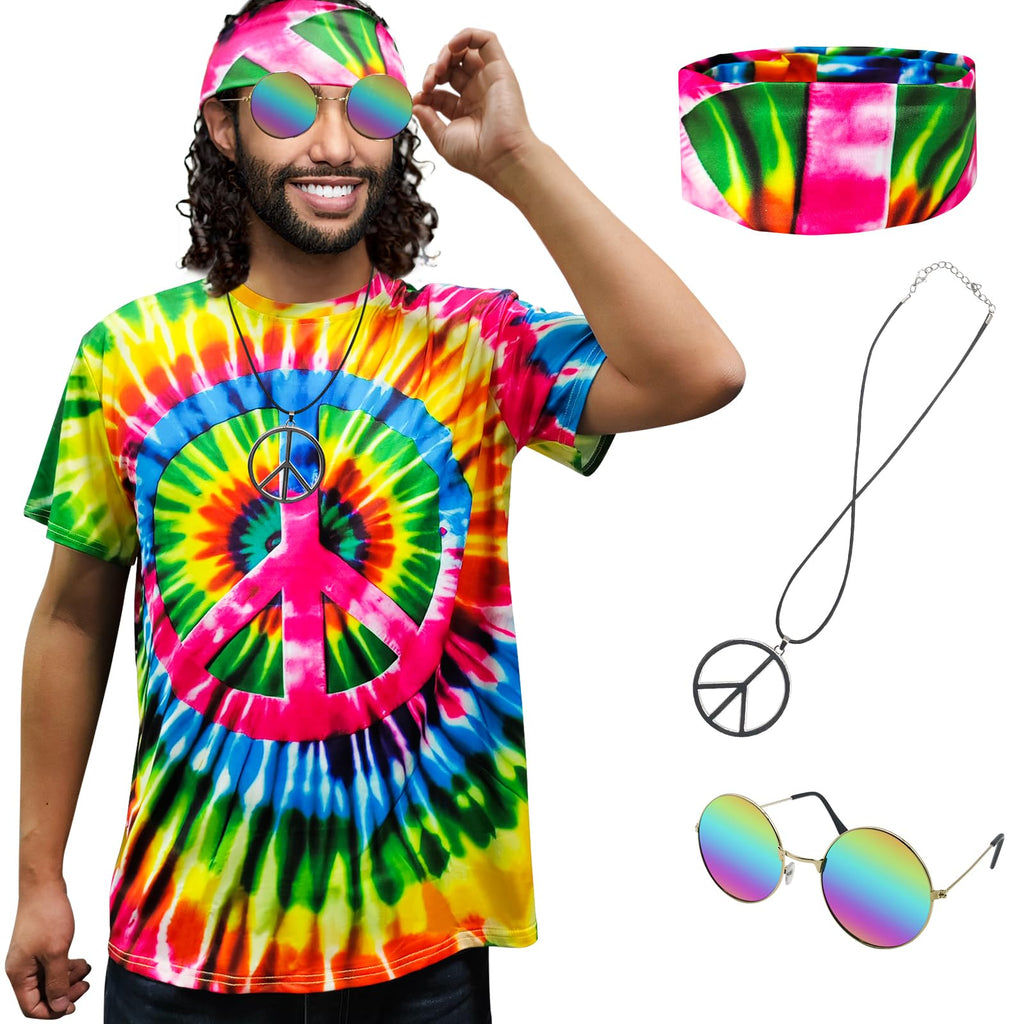 Hippie Costume for Men Women 60s and 70s colorful T-shirt sunglasses headband Peace necklace 4-piece theme party