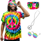 Hippie Costume for Men Women 60s and 70s colorful T-shirt sunglasses headband Peace necklace 4-piece theme party