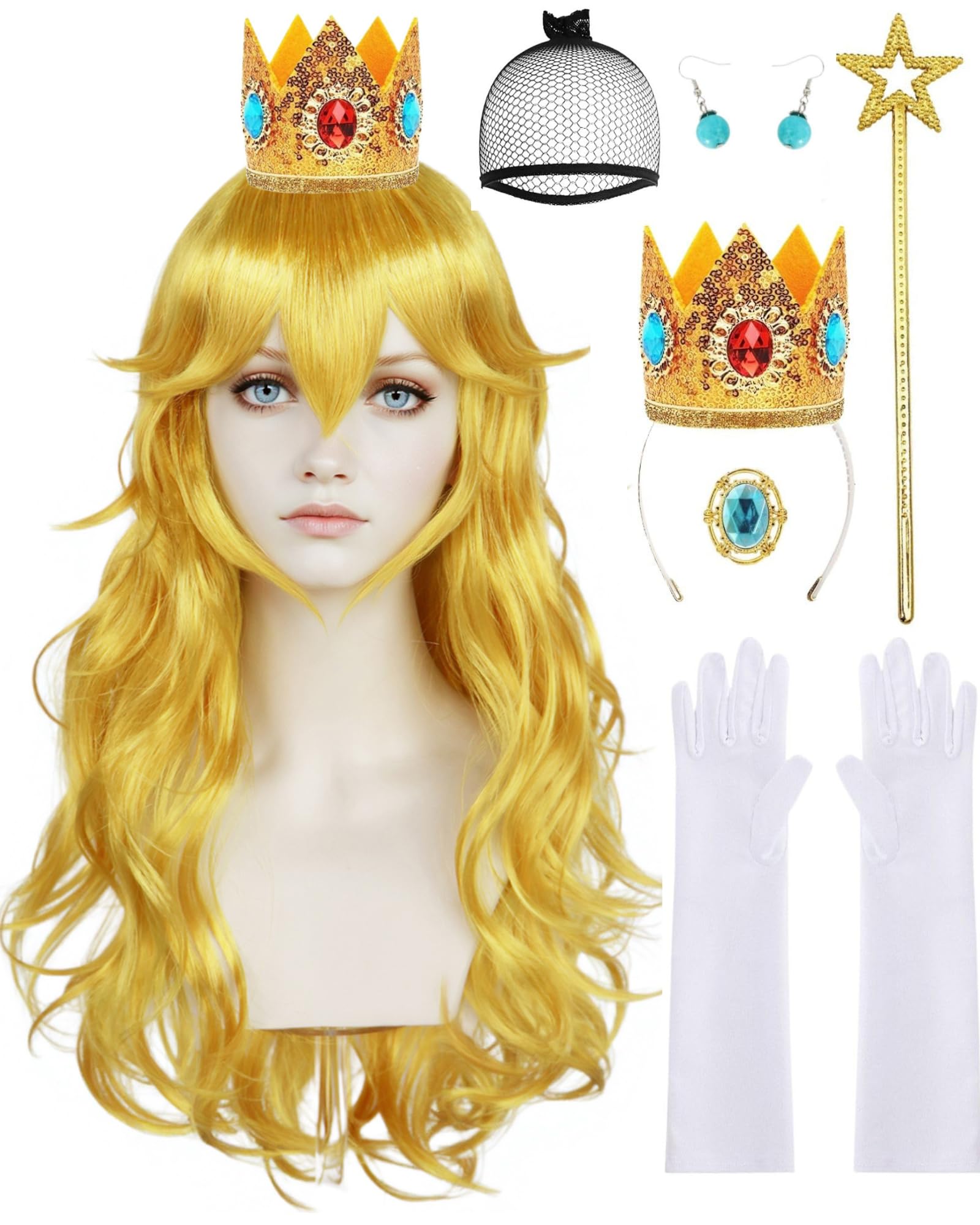 ANOGOL Hair Cap+ 28 Inch Princess Wig for Women Golden Long Wavy Wigs Peach Cosplay Wig Anime Synthetic Hair for Halloween Party Costume (1 Crown+ 1 Wand+ 2 Earrings+ 2 Gloves+ 1 Brooch)