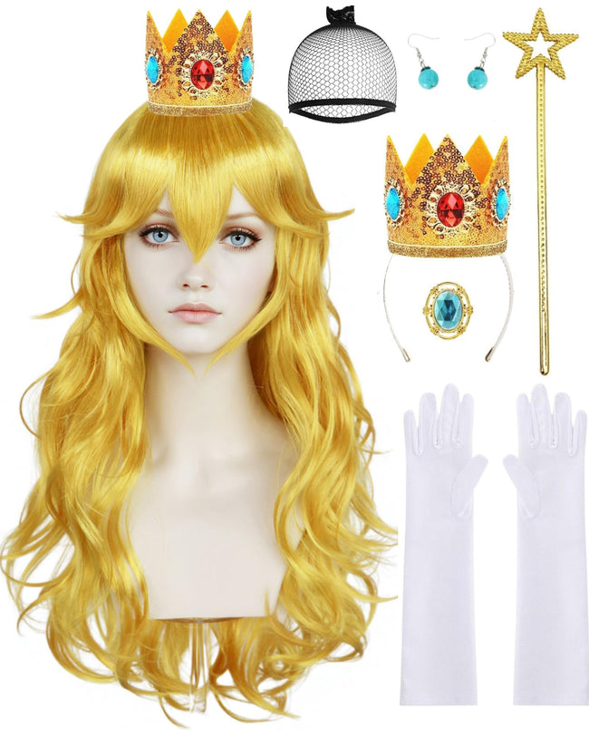 ANOGOL Hair Cap+ 28 Inch Princess Wig for Women Golden Long Wavy Wigs Peach Cosplay Wig Anime Synthetic Hair for Halloween Party Costume (1 Crown+ 1 Wand+ 2 Earrings+ 2 Gloves+ 1 Brooch) Hover Image