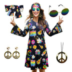 70s Hippie Dress Costumes Necklace Earrings Sunglass Women Disco Outfit, 60s Party Costume, Halloween Retro Dresses