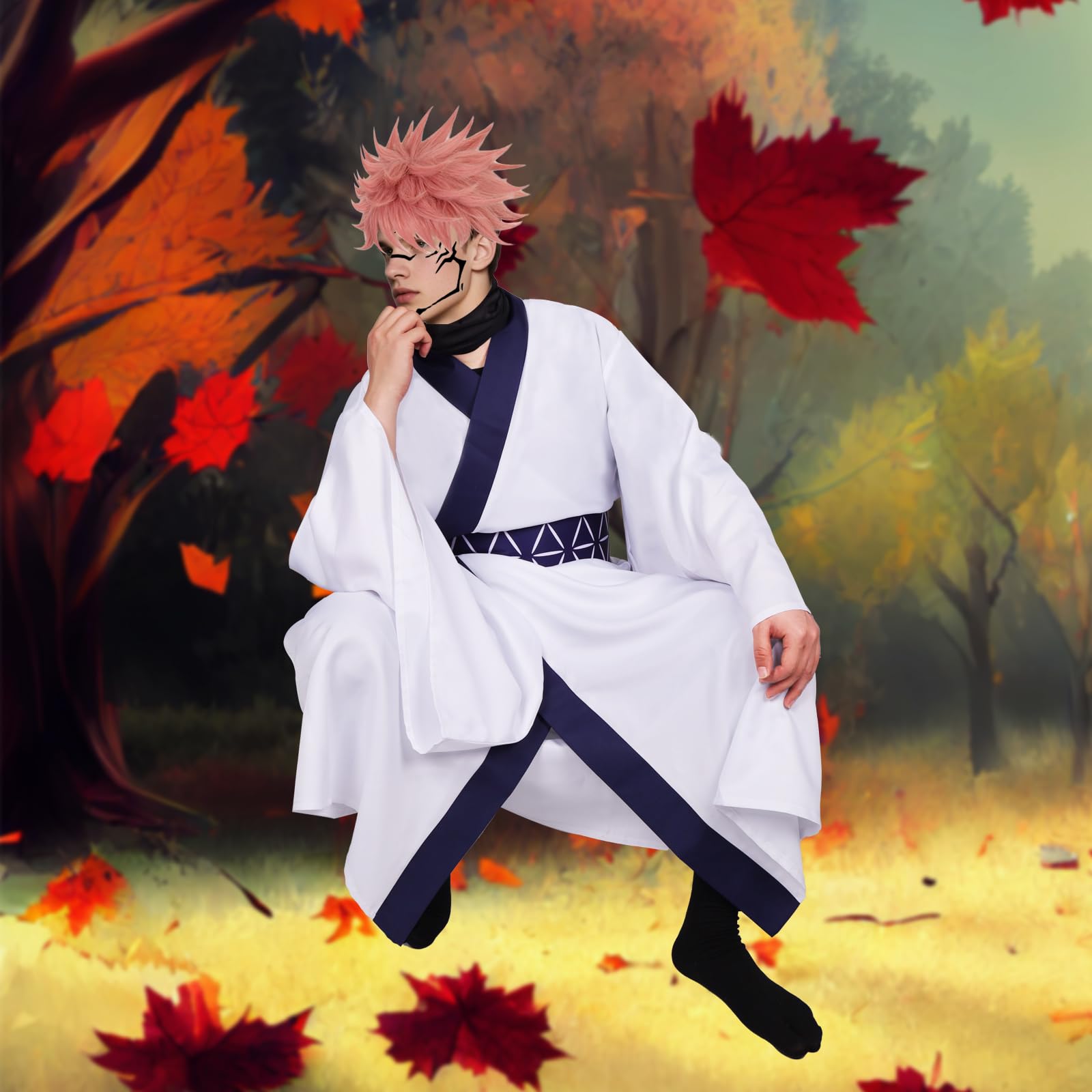 yyleasar Ryomen Sukuna Kimono Halloween Outfit Anime Cosplay Costume Men Robe Uniform Full Set for Dressing With socks obi sticker wig (S)