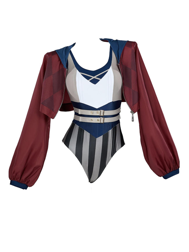 haikyuu Women Vi Cosplay One Piece Swimsuit Striped Anime Bathing Suit Bodysuit with Wrap Skirt (US, Alpha, X-Large, Regular, Regular, Standard, Multicolored) Hover Image