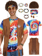 70s Outfits for Men - 10 Pcs Hippie Costume with Tie Dye Shirt, Fringe Vest & Accessories,60s/70s Retro Party Clothes