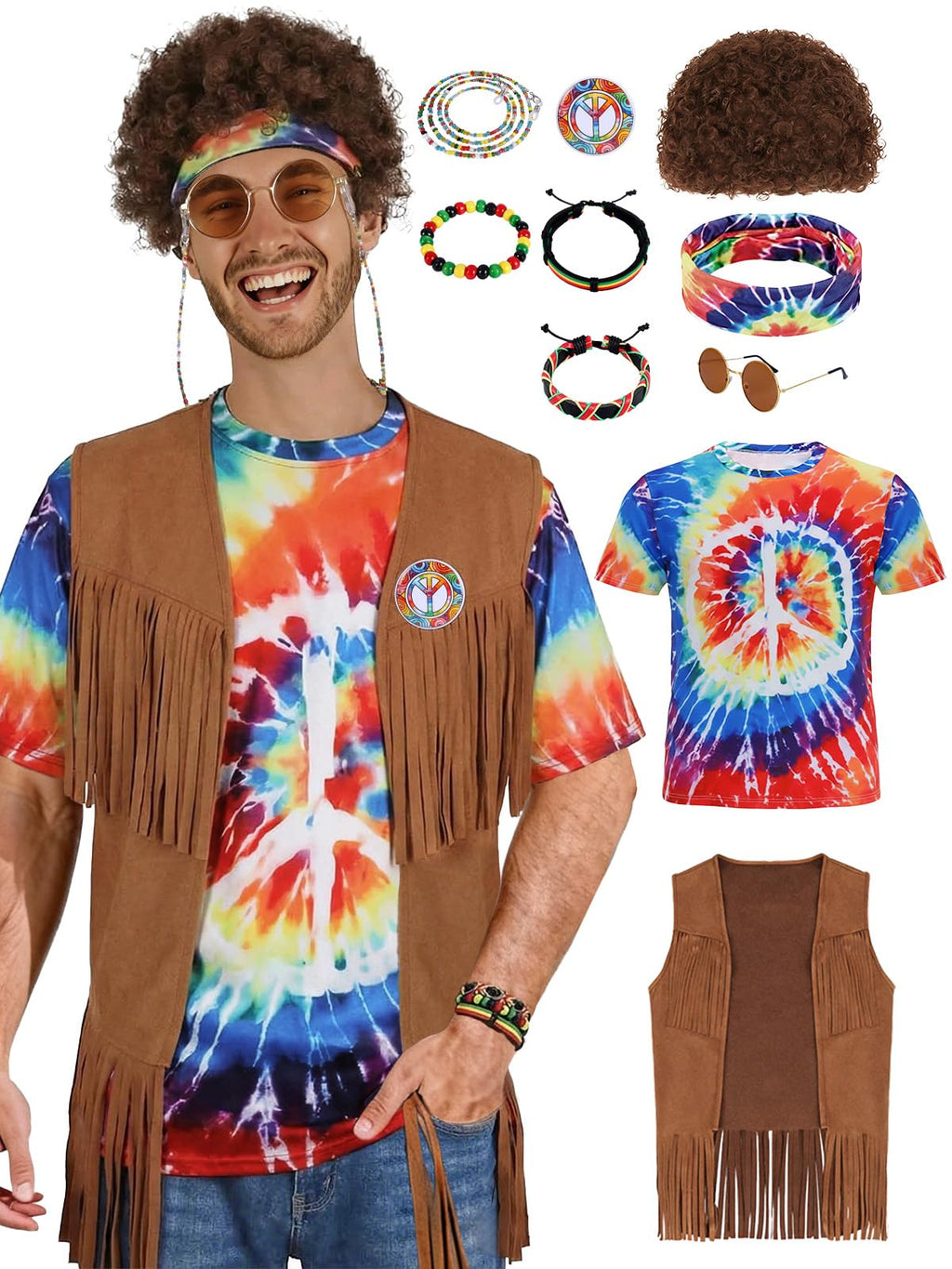 70s Outfits for Men - 10 Pcs Hippie Costume with Tie Dye Shirt, Fringe Vest & Accessories,60s/70s Retro Party Clothes