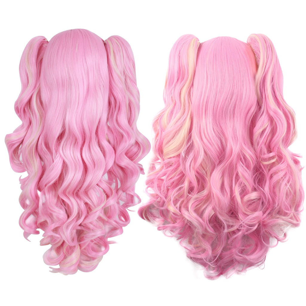 MapofBeauty Multi-color Lolita Long Curly Clip on synthetic Ponytails Cosplay Wig (Pink/Blonde)