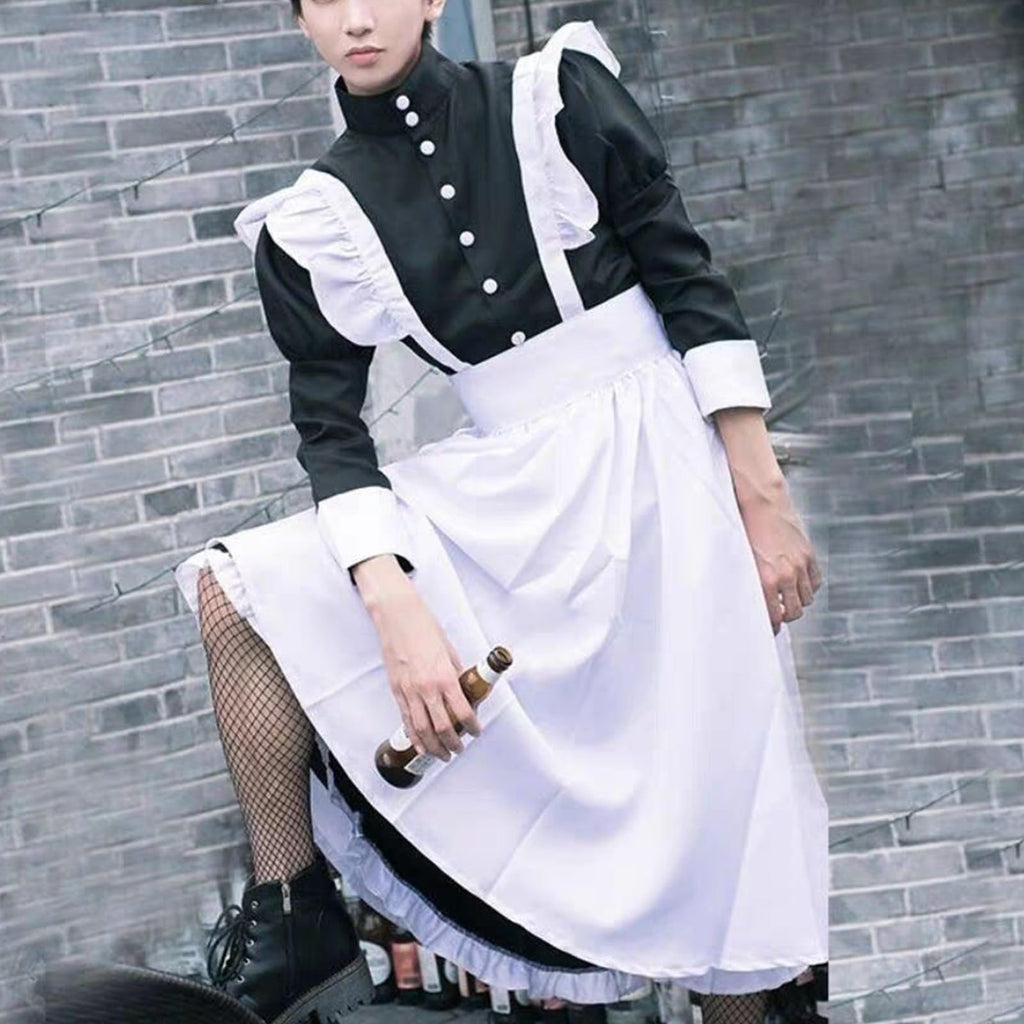 Volrath Womens Japanese Maid Cosplay Costume Fancy Black White Dress Outfit Halloween Apron with Headwear Socks Sets(XXL,BlakcW)