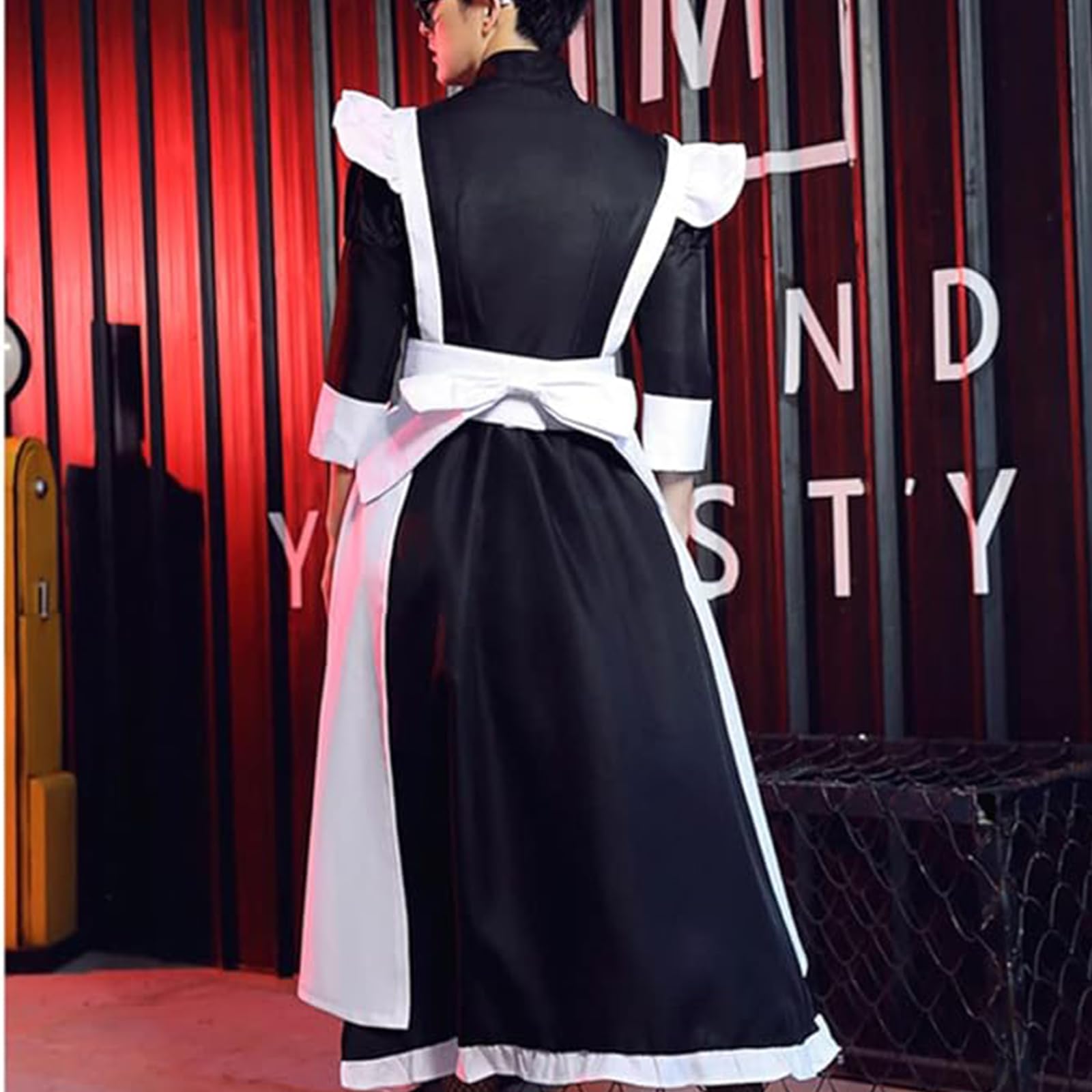 Volrath Womens Japanese Maid Cosplay Costume Fancy Black White Dress Outfit Halloween Apron with Headwear Socks Sets(XXL,BlakcW)