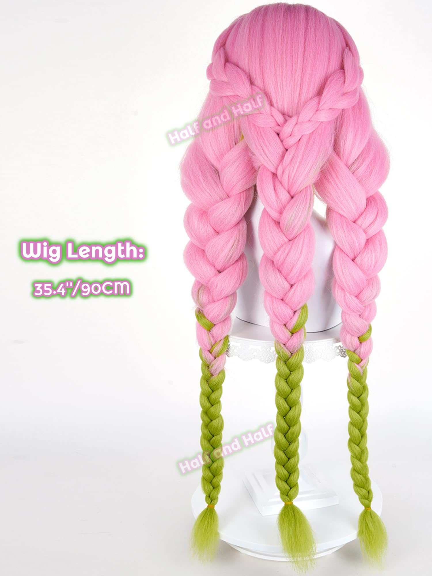 Mitsuri Cosplay Wig Pink and Green Braided Anime Wig with Bangs Mitsuri Kanroji Costume Wigs 35.4'' Synthetic Fiber Hair for Women Halloween Party