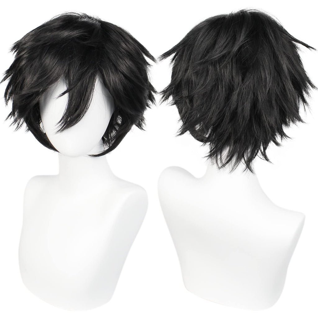 ANOGOL Hair Cap+ Short Black Wig for Men Short Black Men's Wigs for Cosplay Black Anime Cosplay Wig Layered Black Party Wigs with Bangs for Halloween Costume Christmas Peluca Negra Synthetic Hair