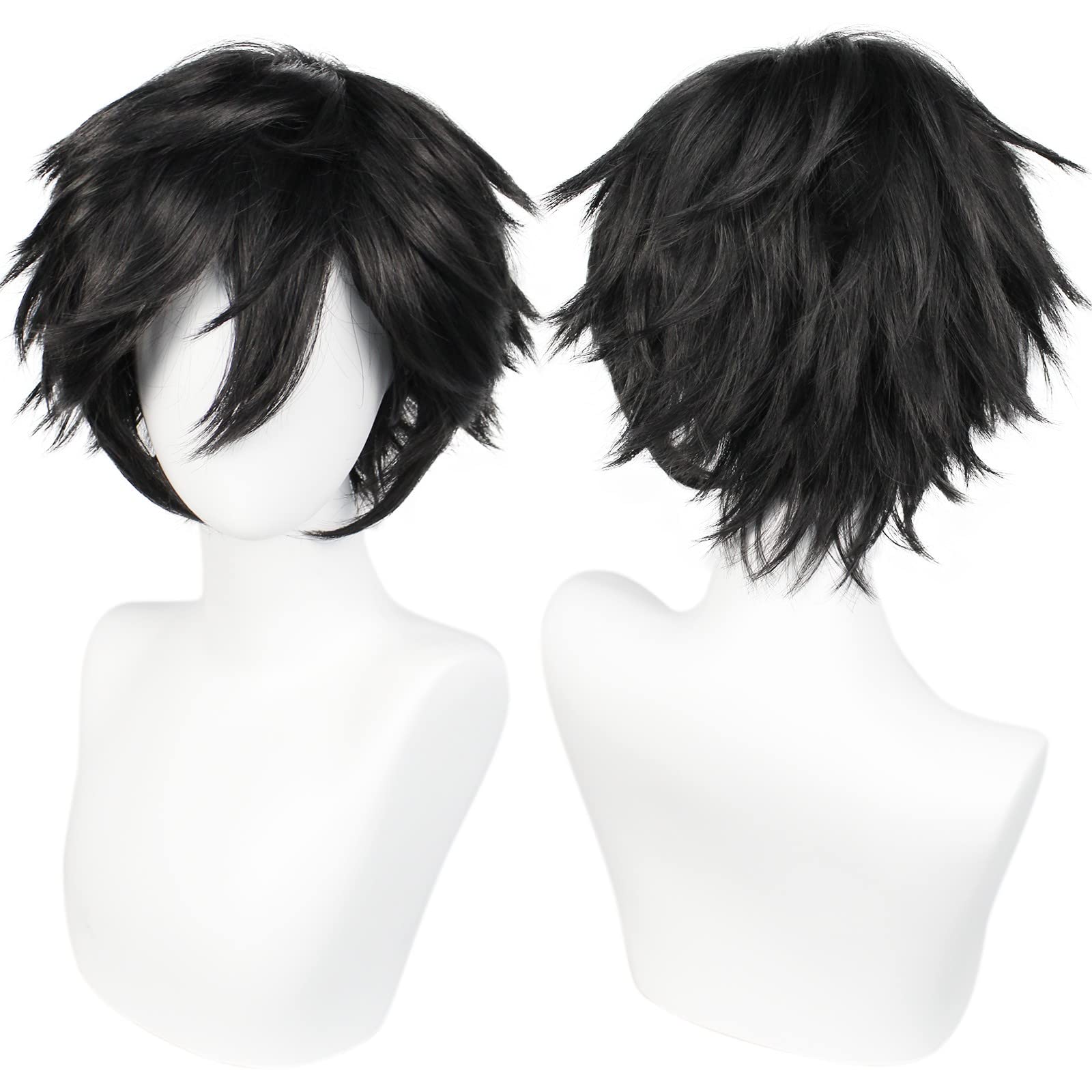 ANOGOL Hair Cap+ Short Black Wig for Men Short Black Men's Wigs for Cosplay Black Anime Cosplay Wig Layered Black Party Wigs with Bangs for Halloween Costume Christmas Peluca Negra Synthetic Hair