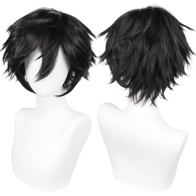 ANOGOL Hair Cap+ Short Black Wig for Men Short Black Men's Wigs for Cosplay Black Anime Cosplay Wig Layered Black Party Wigs with Bangs for Halloween Costume Christmas Peluca Negra Synthetic Hair Hover Image