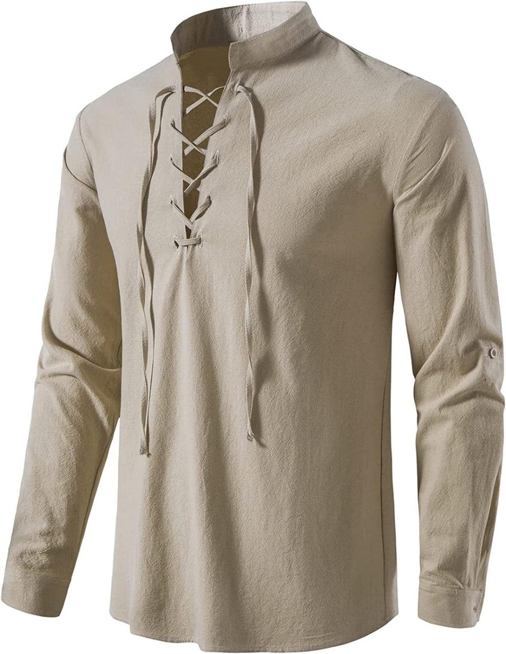 AIFARLD Men's Long Sleeve Shirts Retro Style Lace up for Medieval Viking Hippie Halloween Cosplay Pirate Renaissance Costume Khaki