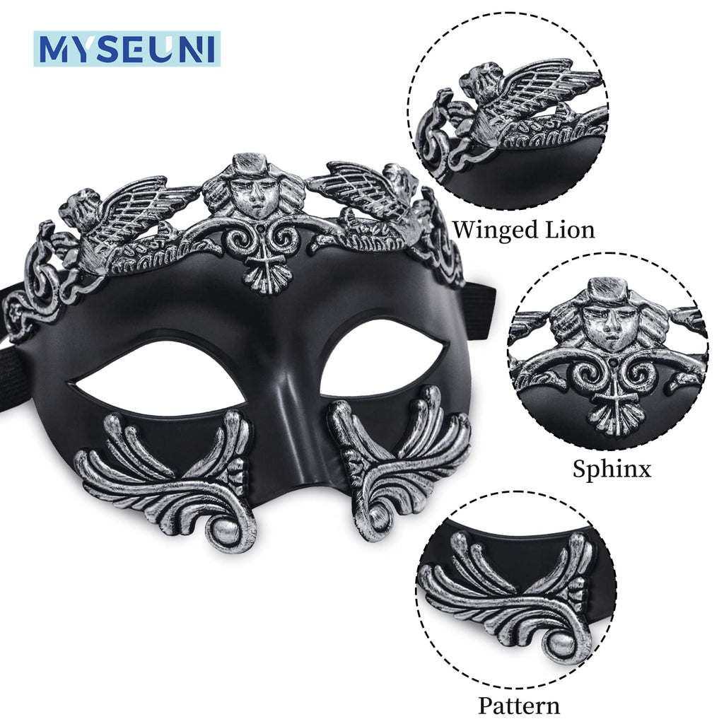 MYSEUNI Silver Masquerade Mask for Men - Greek Roman Venetian Half Face Mask for Mardi Gras Costumes Prom Halloween Masked Ball Cosplay Party