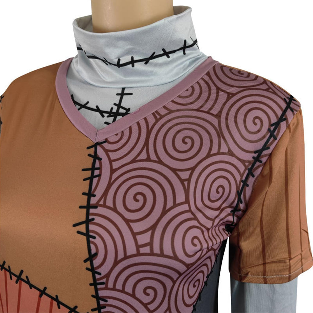 Qcekreu Womens 3 Piece Halloween Sally Cosplay Costume Funny Scar Printed Long Sleeve Dress Adult Christmas Outfit Sets(M,Grey-A)