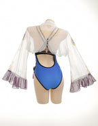 haikyuu Women Anime Cosplay One Piece Swimsuit with Kimono Cover Up Deep V Halter Tummy Control Bathing Suit Blue