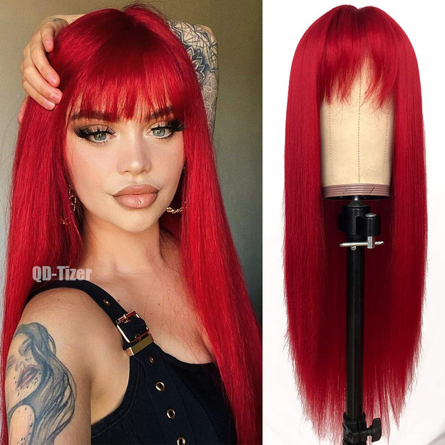 QD-Tizer Red Color Long Silky Straight Wigs with Bangs Synthetic No Lace Wig for Fashion Women Heat Resistant Natural Looking Hair Wig for Party Cosplay Hover Image
