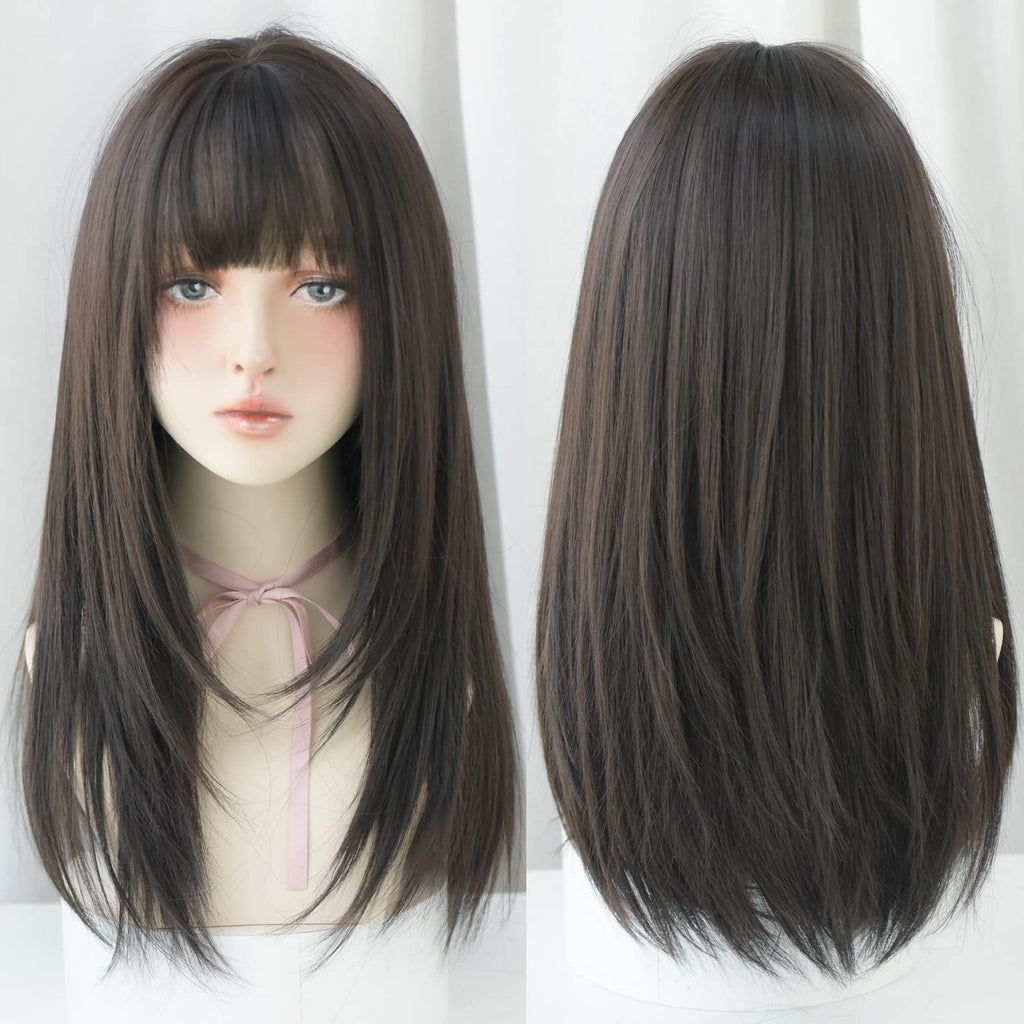 7JHH WIGS Black Wigs with Bangs Synthetic Dark Brown Wig Long Straight Wig for Women Party and cosplay wig (23" Natural Black NEW
