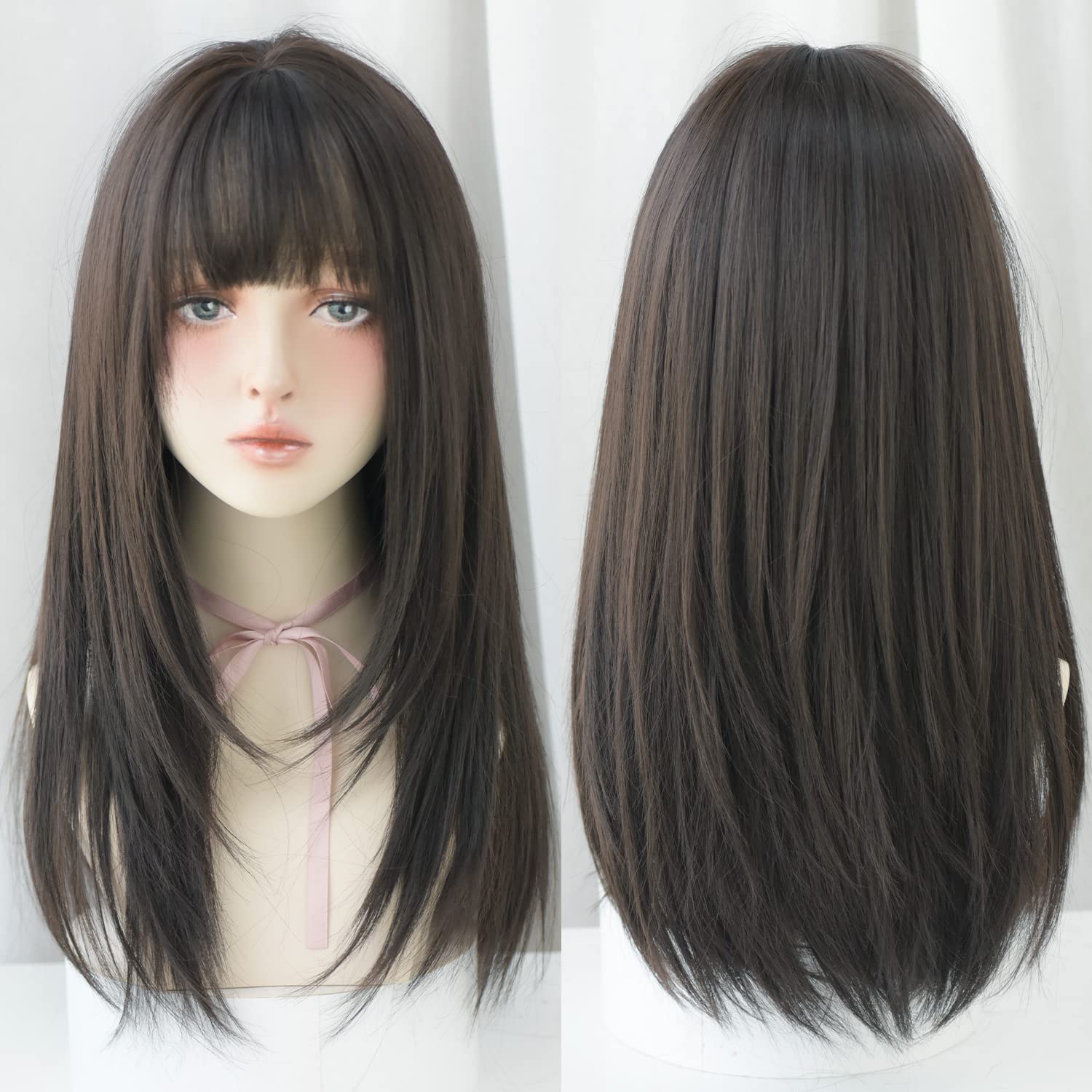 7JHH WIGS Black Wigs with Bangs Synthetic Dark Brown Wig Long Straight Wig for Women Party and cosplay wig (23" Natural Black NEW