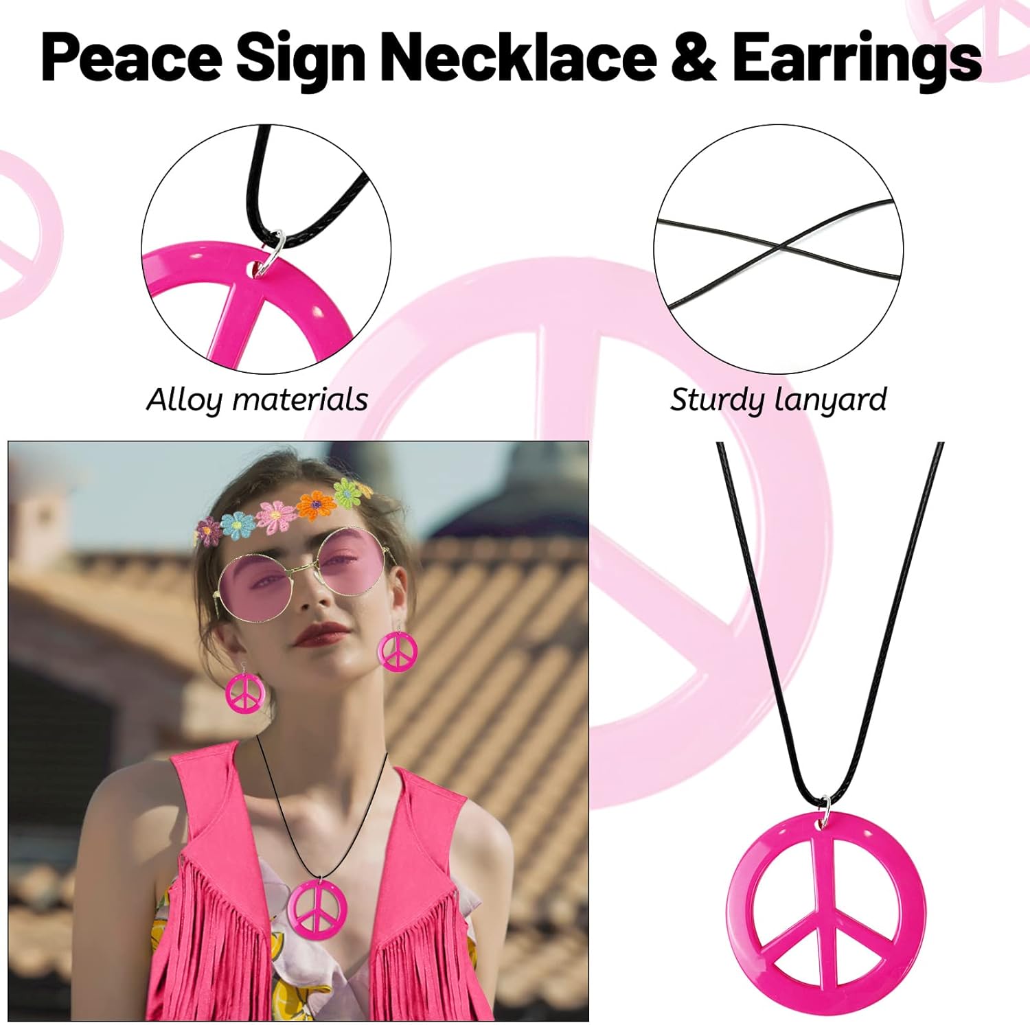 FunMular 60s 70s Outfits for Women Disco Hippie Costume Clothes Woman Peace Sign Earring Headband Fringe Vest Tassel Cardigan