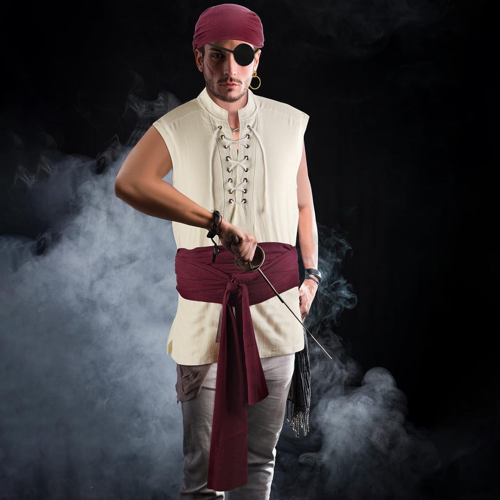 Boyiee 5 Pcs Men Pirate Costume Set for Women Adult Medieval Renaissance Shirt Bandana Sash Belt for Halloween Cosplay Party(Apricot,XL,Retro)