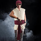 Boyiee 5 Pcs Men Pirate Costume Set for Women Adult Medieval Renaissance Shirt Bandana Sash Belt for Halloween Cosplay Party(Apricot,XL,Retro)