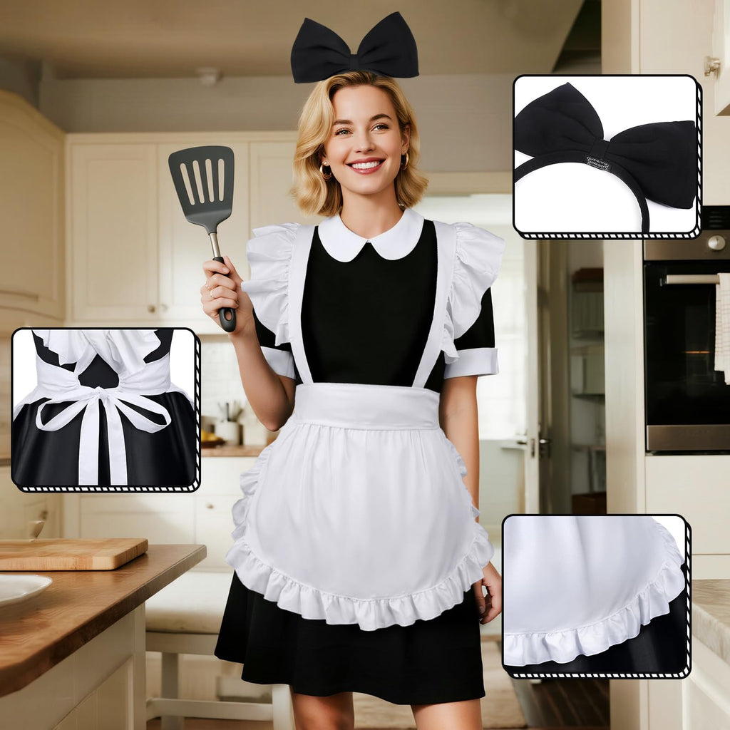 Cardkiss White Apron for Women Maid Apron with Bow Headband Set for Halloween Theme Party