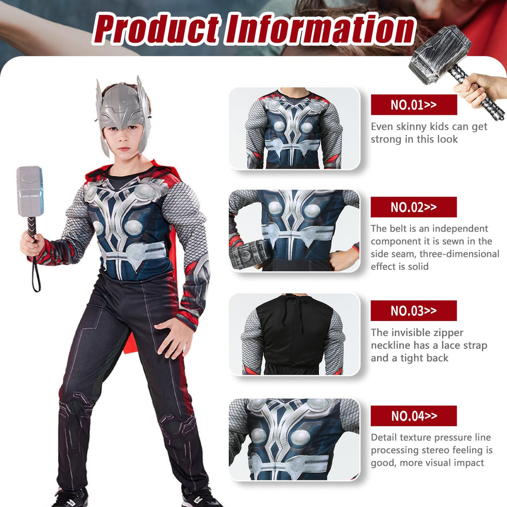 EJWCIG Kids Super Hero Costume Muscle Suit with Helmet Red Cape Jumpsuit Hammer Outfit 4 PCS Sets Suit Halloween Party Cosplay Props (S(43-47inch)