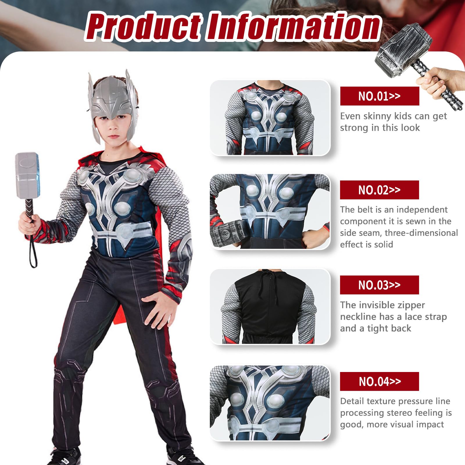 EJWCIG Kids Super Hero Costume Muscle Suit with Helmet Red Cape Jumpsuit Hammer Outfit 4 PCS Sets Suit Halloween Party Cosplay Props (S(43-47inch)
