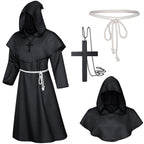TOKYO REVENGERS Medieval Renaissance Monk Friar Priest Wizard Cloak Hooded Robe Cosplay Belt Necklace Set(Black L)