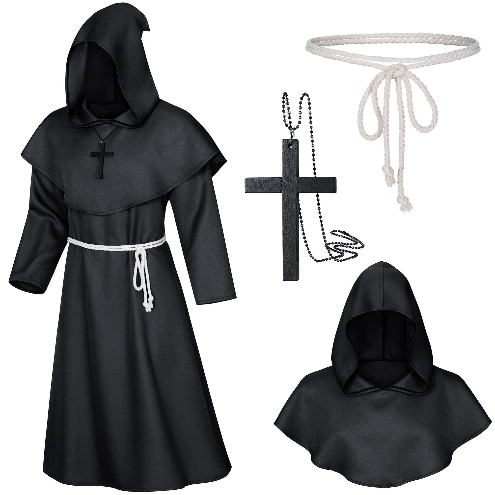 TOKYO REVENGERS Medieval Renaissance Monk Friar Priest Wizard Cloak Hooded Robe Cosplay Belt Necklace Set(Black L)