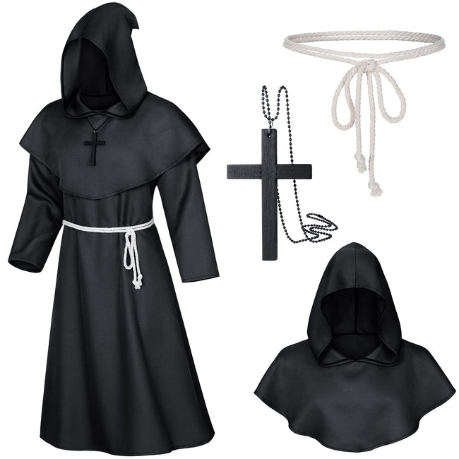 TOKYO REVENGERS Medieval Renaissance Monk Friar Priest Wizard Cloak Hooded Robe Cosplay Belt Necklace Set(Black L) Hover Image